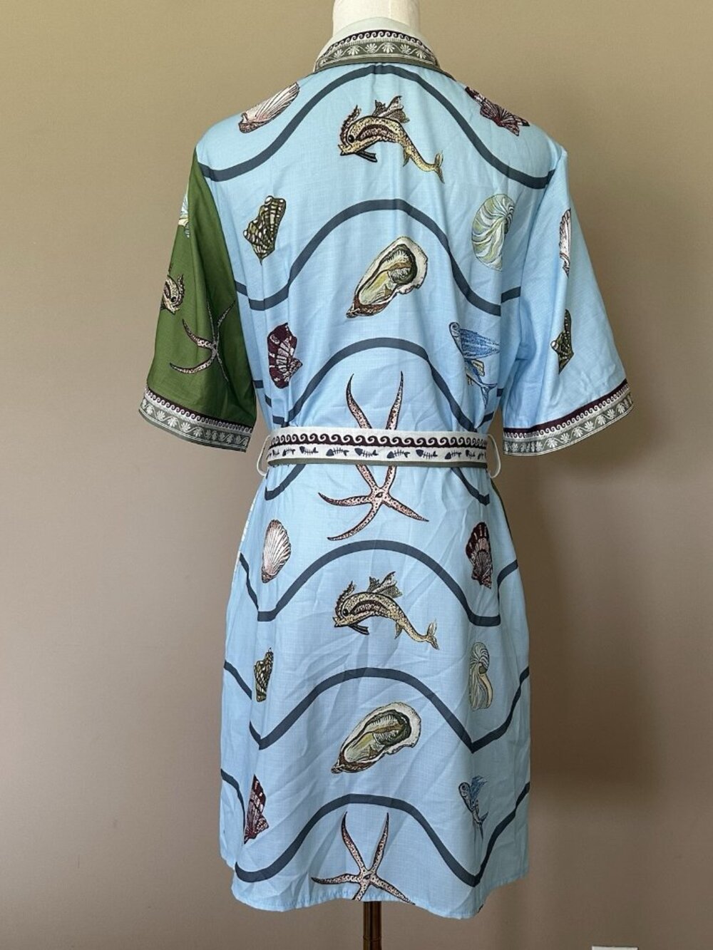 Seaside Shell Print Shirt Dress - Green & Light Blue - Picture 4 of 11